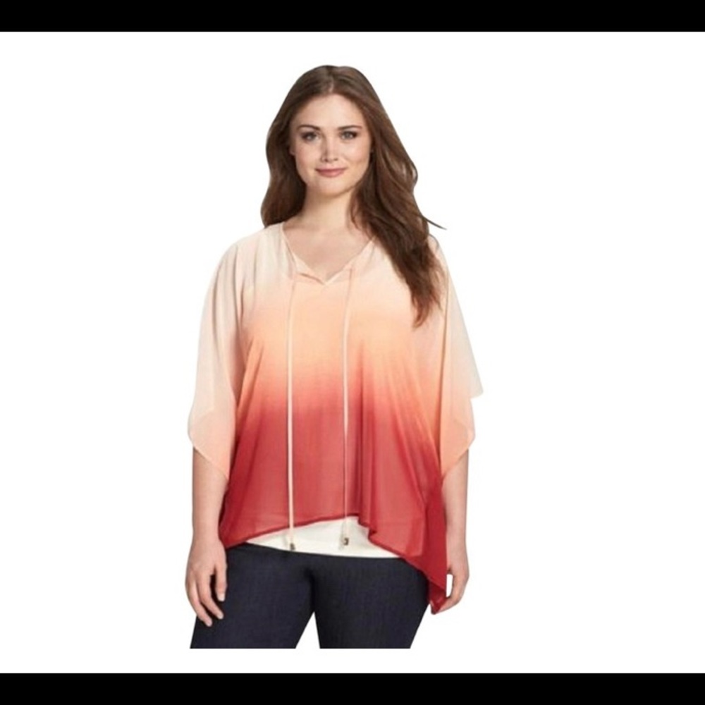 VINCE CAMUTO Red Velvet Flutter Sleeve Split-Neck Ombre Design Tunic NWT $119